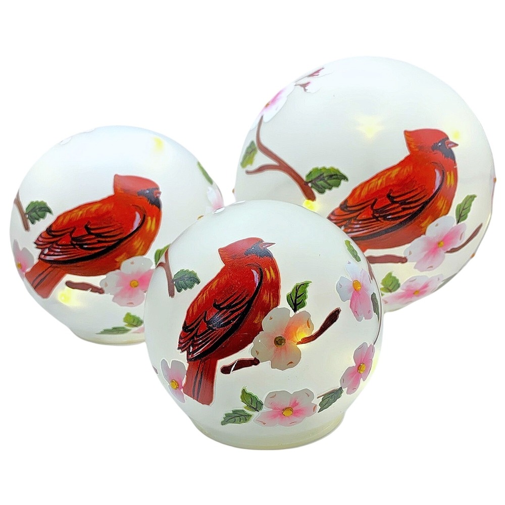 3 Cardinal Globe Lights Handpainted Rhinestone Cherry Blossoms 4.5-8" Graduated
